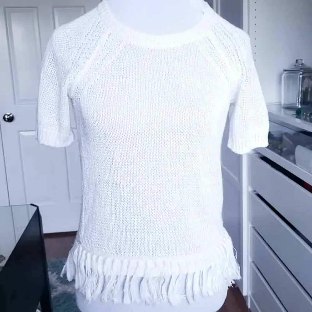 J. Crew 100% Linen Open Knit Sweater, Fringe Bottom, White XXS, Short Sleeve